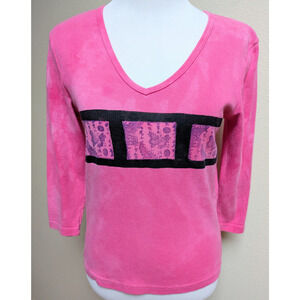 Hand Dyed Magenta V-Neck Top | Hand Stamped Art Tee | One of a Kind | Size Large